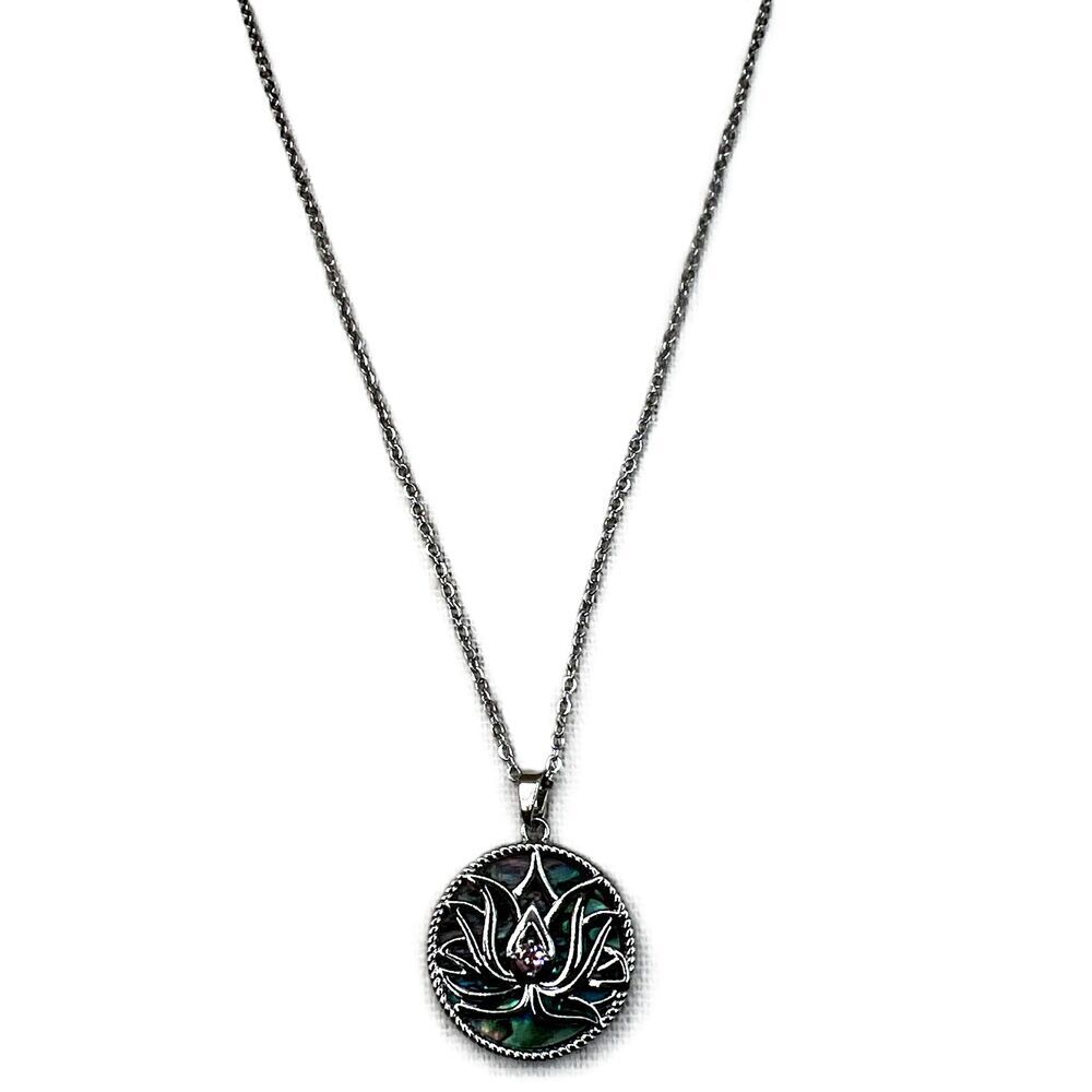 NEW Silver Abalone Shell Lotus Flower Round Pendant Necklace Womens - Picture 5 of 15